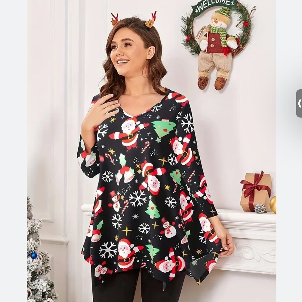 Larace Christmas Tunic Top Handkerchief Hem  3/4 Sleeve Round Neck Holiday Med - Picture 3 of 16